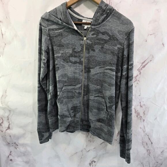 Sundry Hoodie Womens 2 Medium Black Gray Camo Sweatshirt Full Zip Lightweight - Picture 1 of 11